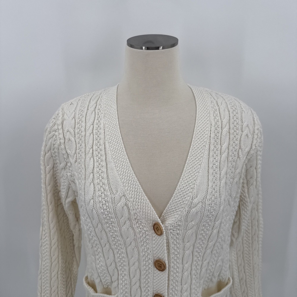 L.L. Bean Womens Cream 100% Cotton Cable Knit Cardigan Size Small Classic - Picture 2 of 9